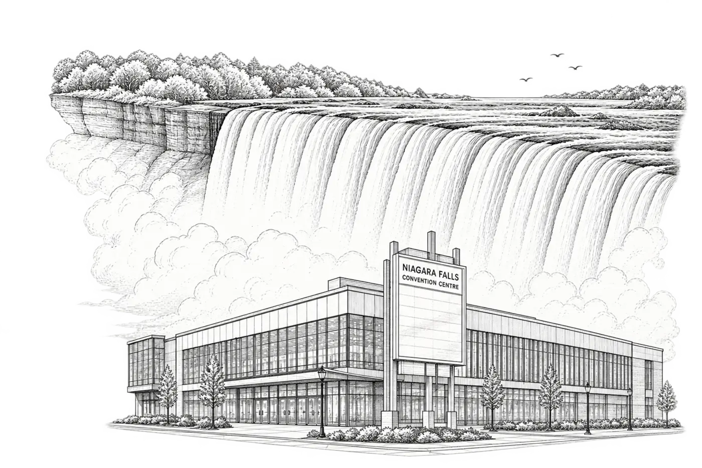 Ilustración de las Cataratas del Niágara y el Niagara Falls Convention Centre
